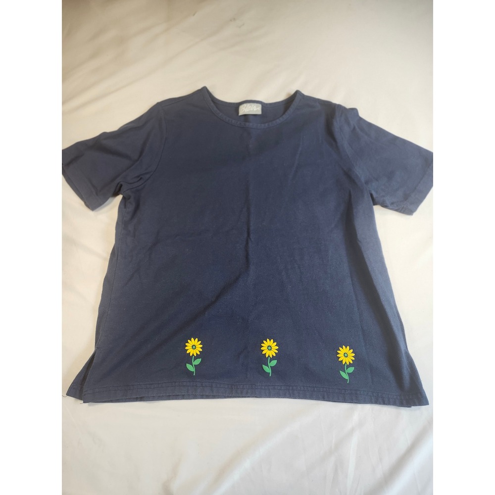 Blair Womens Navy Blue Sunflower Graphic‎ Short Sleeve T-Shirt Crew Neck Top